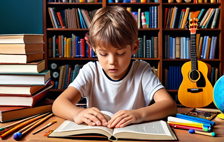 A child surrounded by books, art supplies, musical instruments, and sports equipment, symbolizing the exploration of multiple intelligences and discovery of hidden talents.