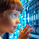 A vibrant, close-up shot of a curious child (around 7-9 years old) with bright eyes, joyfully interacting with a holographic display or a transparent tablet, where lines of colorful, glowing code are playfully animated. Abstract digital patterns and light trails flow from the screen, transforming into a friendly, futuristic robot toy that the child is also looking at with wonder. The background is softly blurred, suggesting a futuristic, imaginative learning space. Emphasize a sense of wonder, creativity, and the seamless integration of technology and play. High detail, warm lighting, dynamic composition.