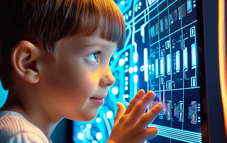 A vibrant, close-up shot of a curious child (around 7-9 years old) with bright eyes, joyfully interacting with a holographic display or a transparent tablet, where lines of colorful, glowing code are playfully animated. Abstract digital patterns and light trails flow from the screen, transforming into a friendly, futuristic robot toy that the child is also looking at with wonder. The background is softly blurred, suggesting a futuristic, imaginative learning space. Emphasize a sense of wonder, creativity, and the seamless integration of technology and play. High detail, warm lighting, dynamic composition.