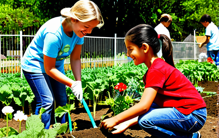 Community Garden Learning**
"A diverse group of children, fully clothed in appropriate attire, are working together in a vibrant community garden. Some are planting seeds, others are watering plants, and an adult volunteer (fully clothed) is guiding them. The background shows a bright, sunny day with colorful flowers and vegetables. Emphasize teamwork, learning, and growth. Safe for work, appropriate content, family-friendly, perfect anatomy, natural proportions, professional illustration."
**