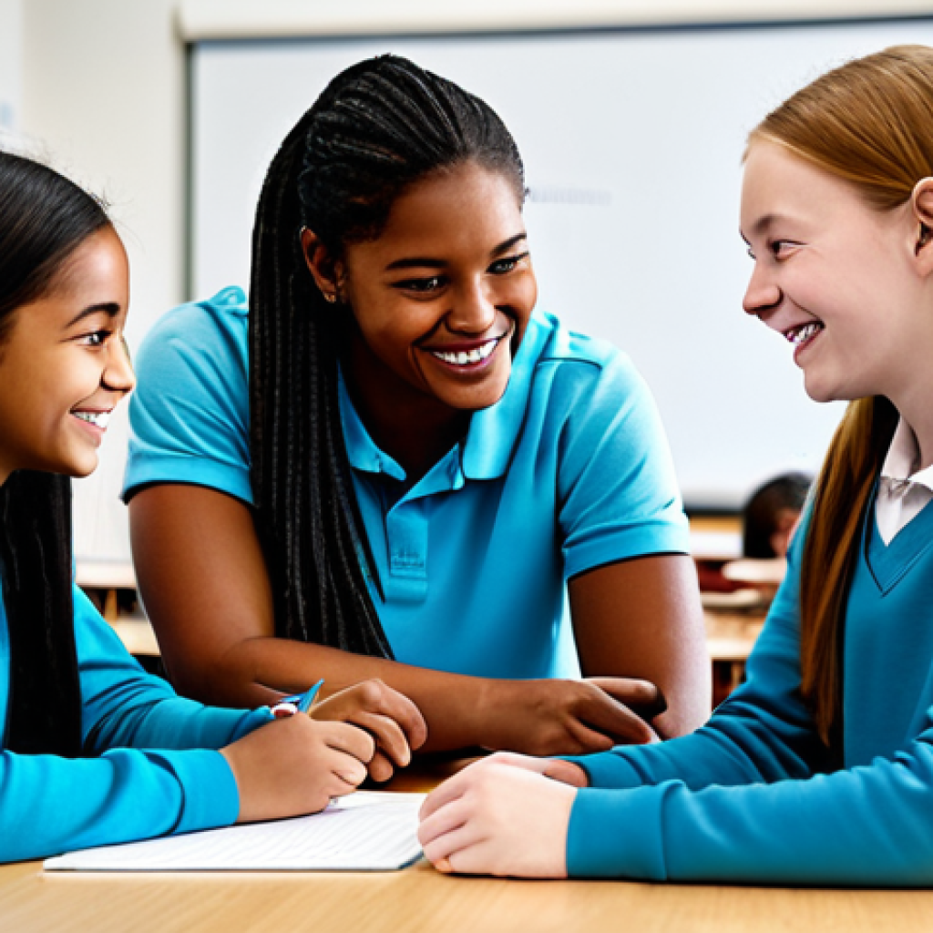 **
"A diverse group of fully clothed students collaborating on a school project in a bright and modern classroom, appropriate attire, safe for work, perfect anatomy, natural proportions, students are smiling and engaged, showcasing teamwork and positive interaction, featuring elements of digital learning, well-lit, high quality, family-friendly, professional."
**