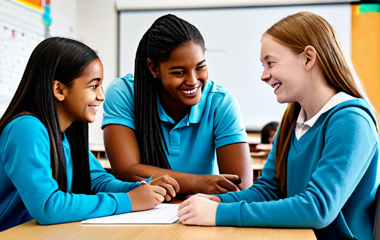 **
"A diverse group of fully clothed students collaborating on a school project in a bright and modern classroom, appropriate attire, safe for work, perfect anatomy, natural proportions, students are smiling and engaged, showcasing teamwork and positive interaction, featuring elements of digital learning, well-lit, high quality, family-friendly, professional."
**