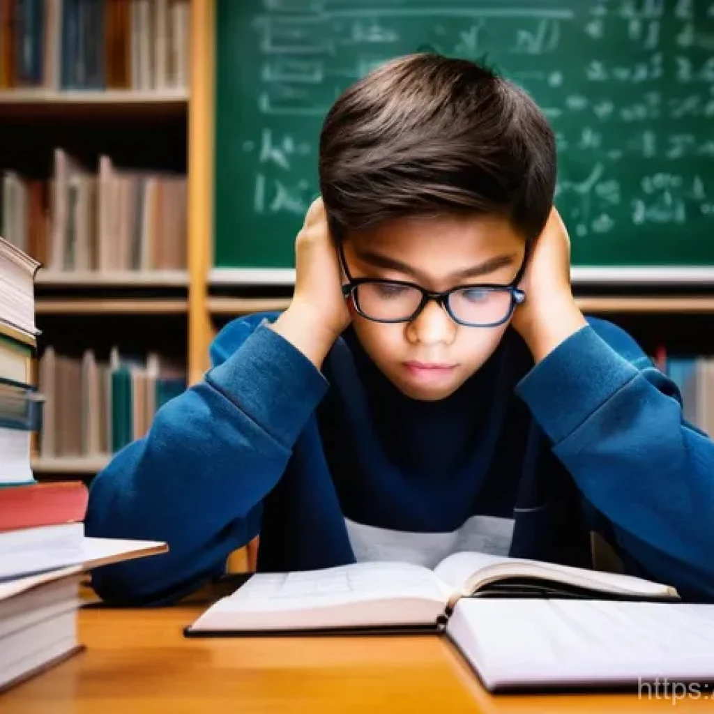 수학적 사고력 교육 - **Prompt:** A diverse middle school student, about 14 years old, sits alone at a cluttered desk in a...