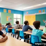 중등교육 교수법 - A vibrant middle school classroom scene showing diverse students engaged in a student-centered lesso...