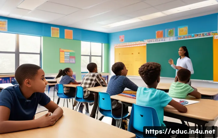 중등교육 교수법 - A vibrant middle school classroom scene showing diverse students engaged in a student-centered lesso...