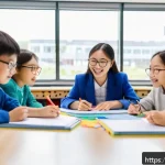 교수학습 이론 - A vibrant classroom scene showing diverse students actively engaging in a project-based learning act...