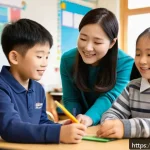 특수교육 개론 - A diverse classroom scene showing a special education teacher working with a group of children with ...