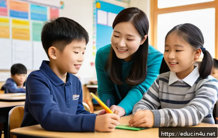 특수교육 개론 - A diverse classroom scene showing a special education teacher working with a group of children with ...