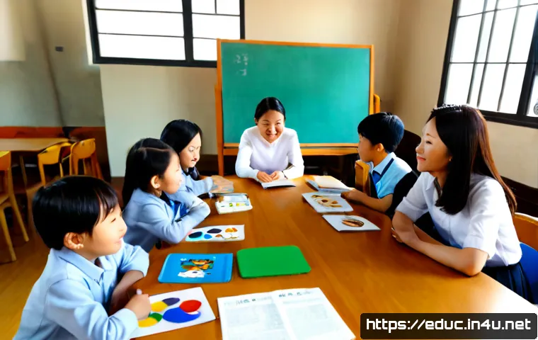 학부모 교육 참여 방안 - Photorealistic elementary school classroom workshop, diverse parents and a teacher seated around a r...