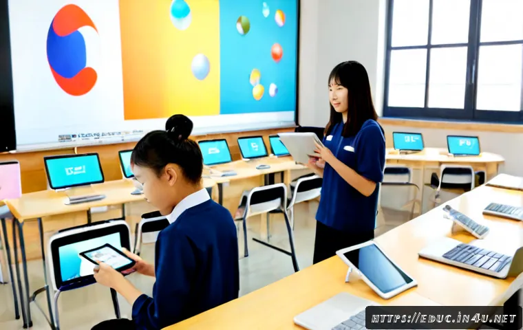 Home 17 디지털 네이티브 세대 교육 - Photorealistic modern classroom showing a diverse group of middle-school students learning with tabl...